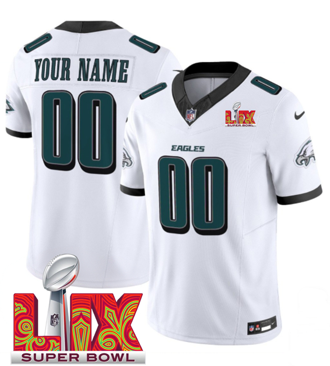 Men's Philadelphia Eagles Customized White 2025 Super Bowl LIX Patch New F.U.S.E. Vapor Limited Stitched Football Jersey